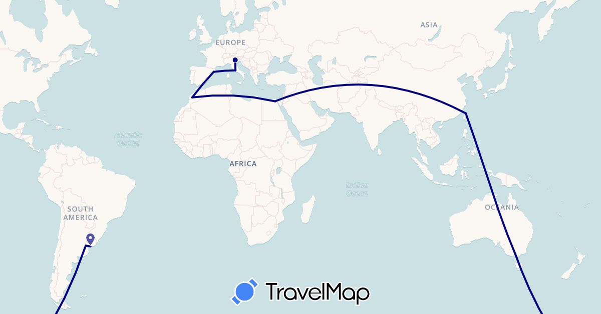 TravelMap itinerary: driving in Argentina, Australia, Egypt, Spain, Italy, Morocco, Taiwan, Uruguay (Africa, Asia, Europe, Oceania, South America)
